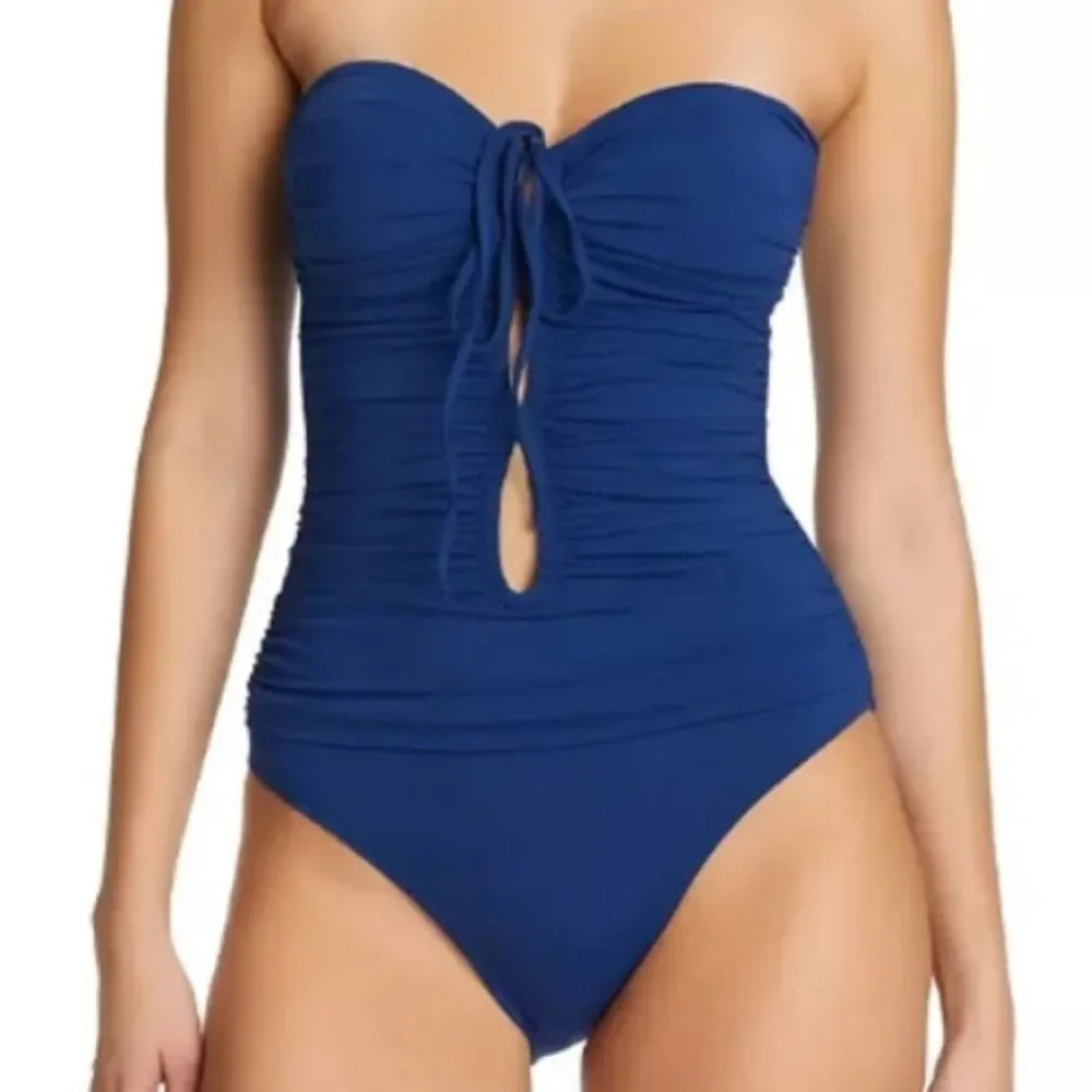 Bleu Rod Beattie Blue All Tied Up Bandeau Ruched Tie-Front One-Piece Swimsuit 10
